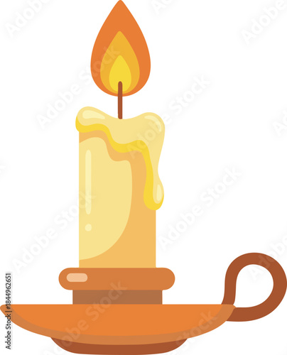 Burning Candle in a Candlestick. Serene Candlelight Illustration. Peaceful Flame Casting Soft Warm Glow. Glowing Candle Flame Vector Icon.