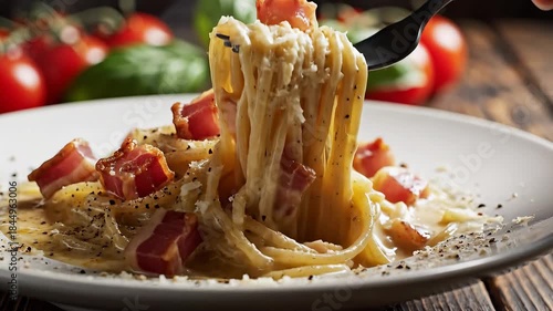 Delicious creamy pasta dish with crispy bacon pieces being twirled on a fork showcasing rich Italian cuisine served on a white plate with fresh tomatoes and basil in the background on a rustic wooden.