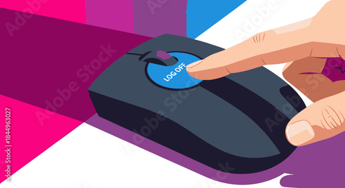 Close-up of a finger pressing the 'log off' button on a computer mouse, symbolizing digital disconnection and ending a session.