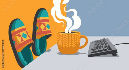 Cozy home office setup with slippers, hot coffee, and computer keyboard, representing comfort and remote work