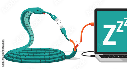 Green cobra snake biting and breaking a network cable connected to a sleeping laptop, symbolizing cyber attack