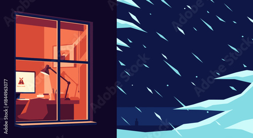 Cozy illuminated home office seen through a window at night, with stormy weather outside
