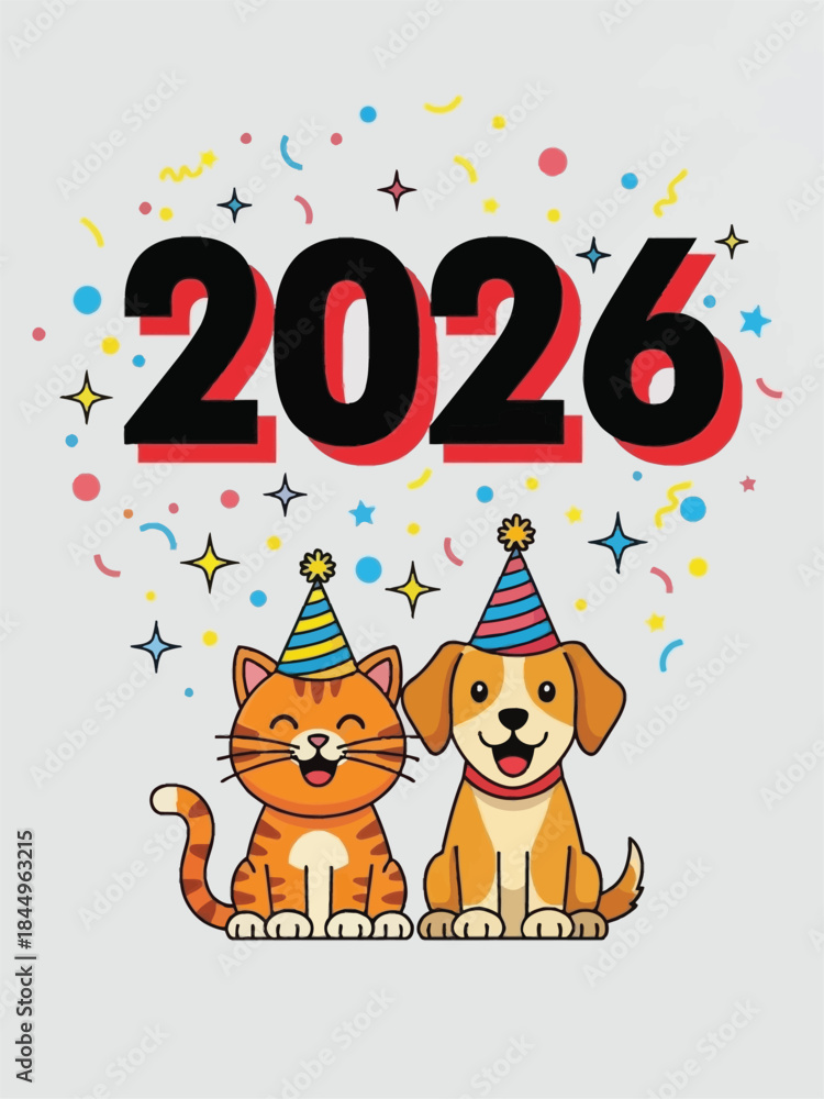 Obraz premium Cute Cat and Dog Celebrating New Year 2026 Together.