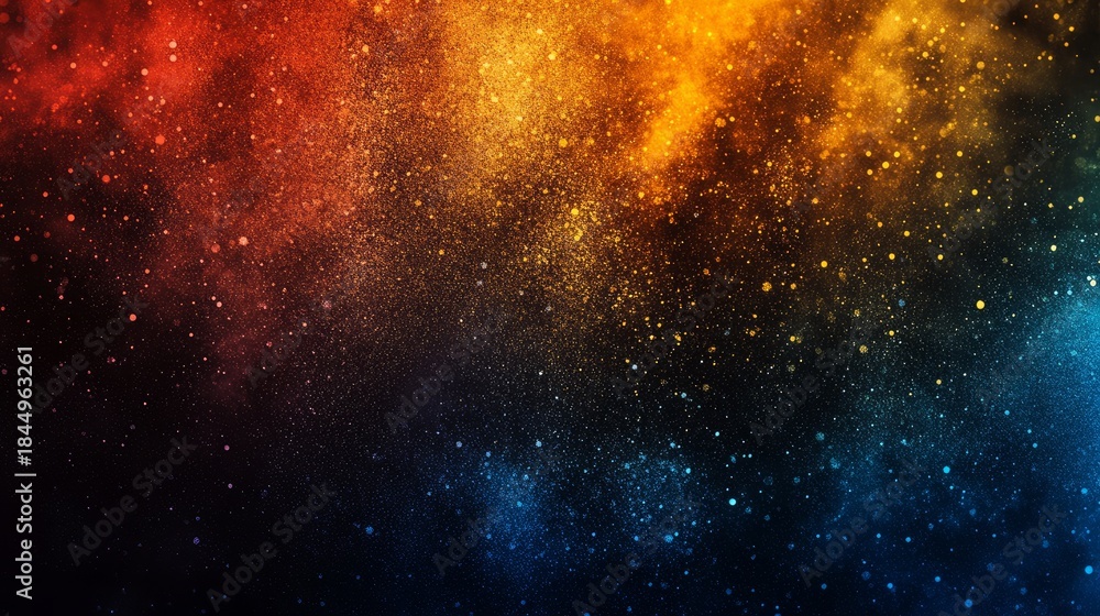 Naklejka premium Vibrant Cosmic Nebula with Swirling Gold Red and Blue Interstellar Dust Clouds