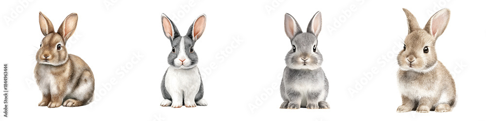 Fototapeta premium Watercolor Illustration of Four Cute Rabbits on White Background