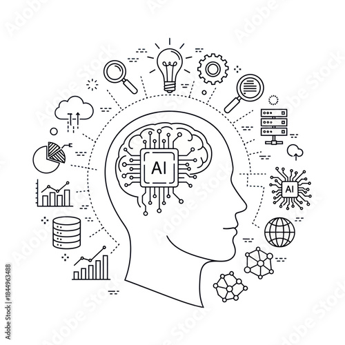 Human Head with AI Brain Illustration.