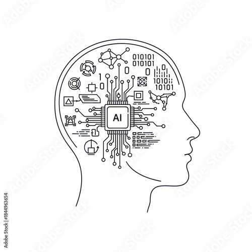 Human Head with AI Circuitry Inside.