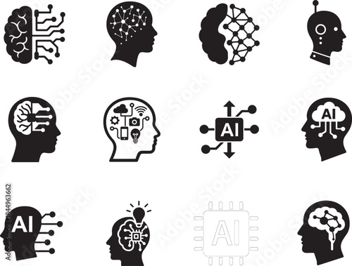 Artificial intelligence icon set for AI, machine learning, neural network, tech, vector EPS.