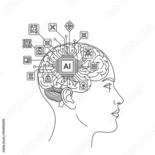 Human Head with AI Brain Components.