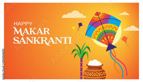 Happy Makar Sankranti Kite Flying Orange Harvest Banner Vector