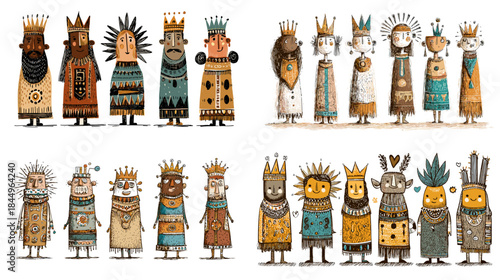 Tribal inspired fantasy character illustration set featuring stylized figures with symbolic costumes ideal for folklore art storytelling cultural design and imaginative visuals.
