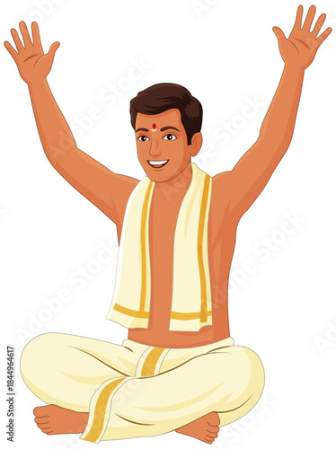 Indian Man Dhoti Ritual Pose Worship Traditional Attire Vector