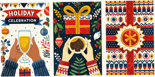 Festive holiday cards featuring champagne gifts and cozy winter scenes