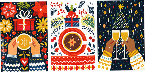 Festive christmas illustrations with gifts drinks and celebratory elements