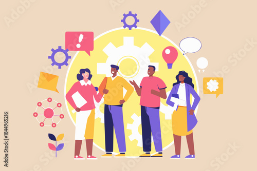Team collaboration and brainstorming session with colorful icons and diverse people