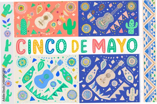 Colorful cinco de mayo celebration illustration with guitars cacti and vibrant patterns
