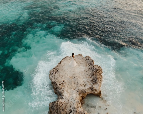 Breathtaking aerial view of a bride on ocean rock surrounded by turquoise waves, capturing a serene bride on ocean rock wedding moment for a romantic bride on ocean rock destination concept.