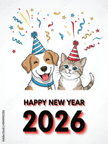 Happy New Year 2026 with Cute Dog and Cat Wearing Party Hats.