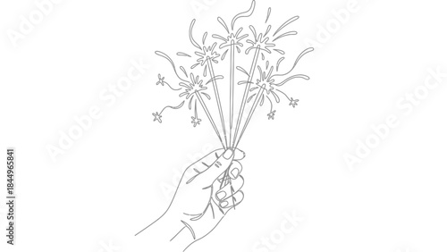 Hand holding sparklers line art celebration festive light fireworks show