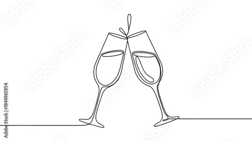 Minimalist line art of two champagne glasses clinking together in celebration