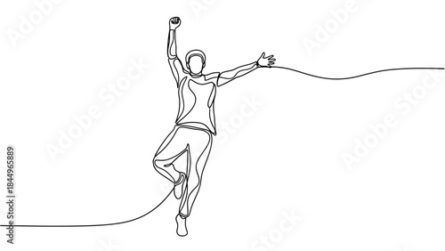 celebratory single line drawing of a person triumphantly raising their arms