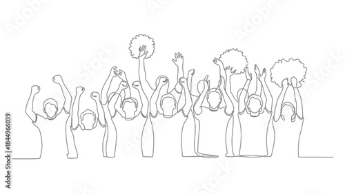 A group of cheering fans with their arms raised in excitement and some holding pom-poms