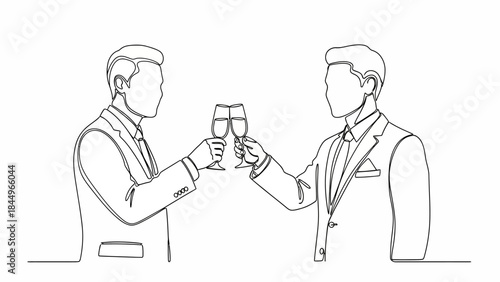 Two businessmen in suits toasting champagne glasses in a minimalist line art celebration