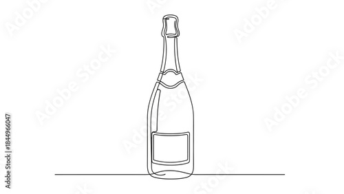 Minimalist continuous line drawing of a champagne bottle on a white background