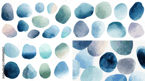 Abstract watercolor stone and pebble illustration set with soft blue tones perfect for backgrounds modern design textures calming visuals and creative artistic compositions.