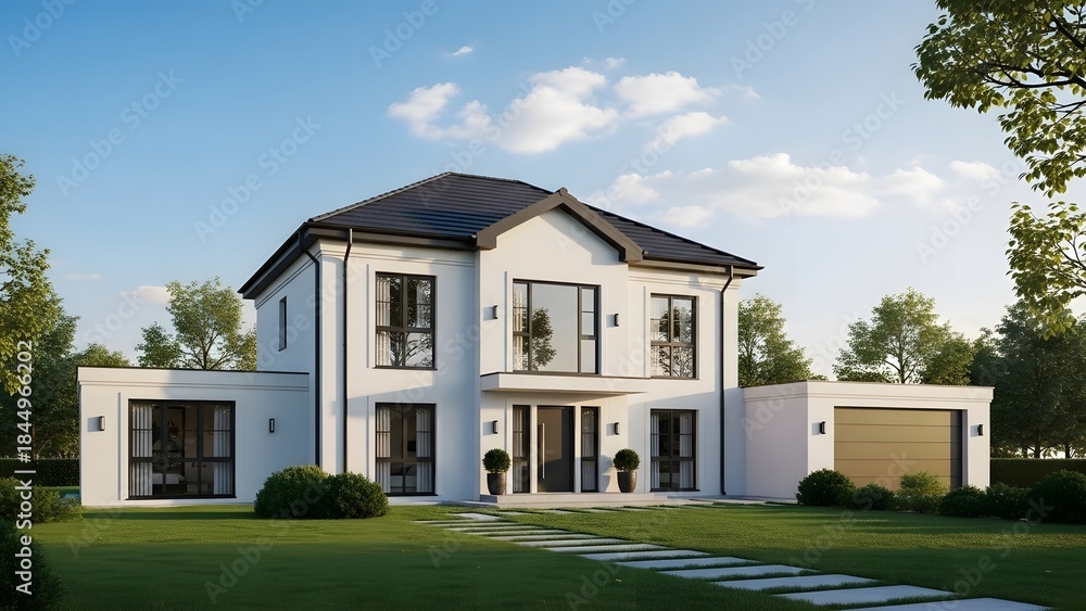 Fototapeta premium Modern twostory white house with dark roof and green lawn