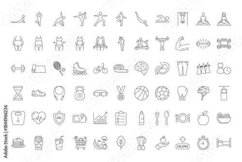 Fitness and healthy lifestyle concept with exercise, weight loss, sports, workout equipment, clean eating, and body shapes such as overweight and slim. Ideal for health, fitness, and wellness design.