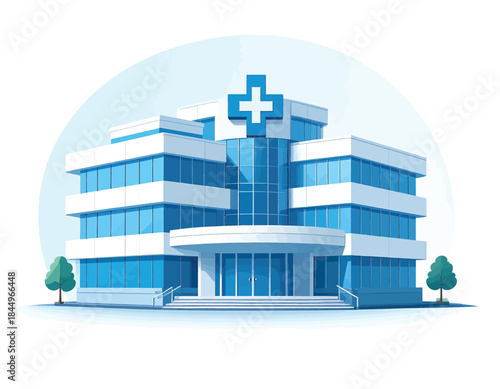 Modern Hospital Building with Blue Cross Symbol.