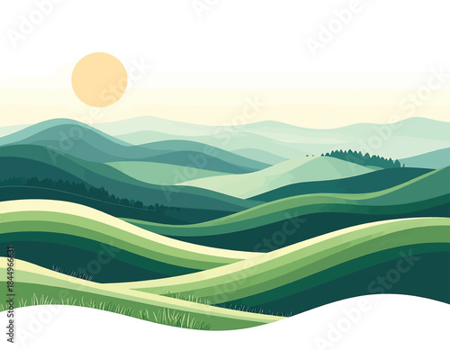 Rolling green hills under a soft sun.
