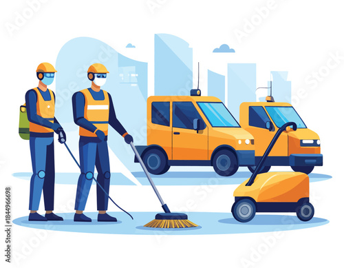 Sanitation workers cleaning street with equipment.