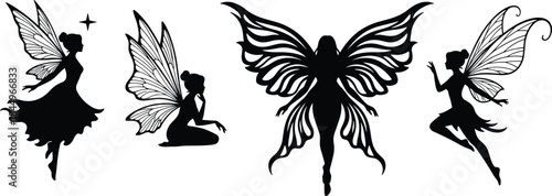 Collection of twelve black cat silhouettes in various action poses, including sitting, walking, stretching, and lying down, perfect for graphic design elements isolated on white background.