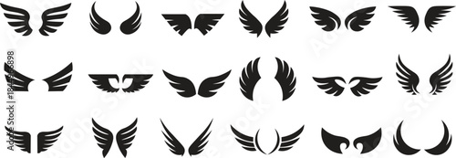 Angel Wings Vector Set. Black Silhouette Wings Icons Collection