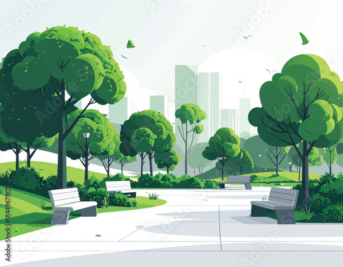 Serene Park Benches Amidst Lush Greenery and Trees.