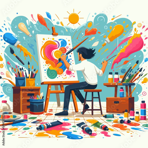 vector illustration of Artist painting on canvas