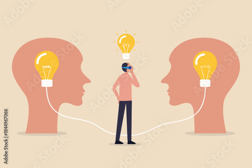 Sharing ideas and innovation a person connecting two minds with bright lightbulbs