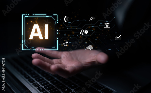 Wallpaper Mural Concept of an enterprise Artificial Intelligence platform. The system integrates with various business processes like data analysis, cloud computing, and automation for growth. Fermion Torontodigital.ca