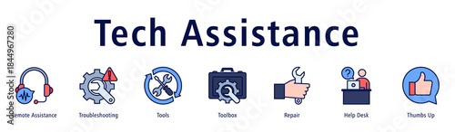Tech Assistance banner with icons of Remote Assistance, Troubleshooting, Tools, Toolbox, Repair, Help Desk and Thumbs Up.