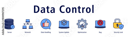 Data Control banner with icons of Server, Network, Data Handling, System Update, Optimization, Bug and Security Lock.