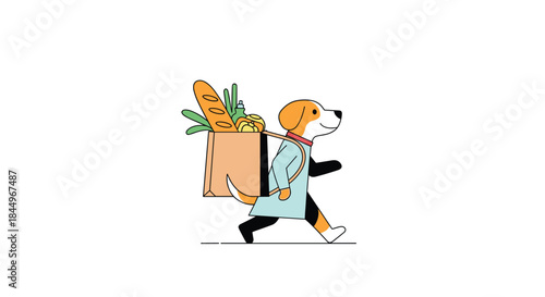 Cute cartoon dog acting as a courier, delivering a paper bag full of fresh groceries in a backpack on a white background.