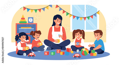 Female kindergarten teacher and diverse group of young children playing with alphabet blocks and toys in a colorful classroom.