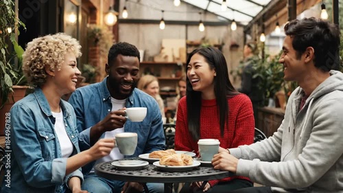 Diverse Group of Friends Enjoying Coffee and Conversation at an Outdoor Cafe.