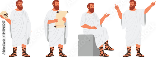 Ancient Greek philosopher character set in toga holding scroll and skull with teaching gestures flat vector illustration