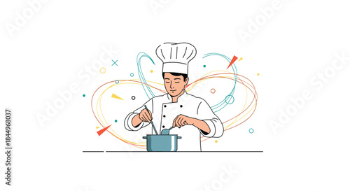 Professional male chef in a uniform and toque hat stirring a pot, with colorful abstract elements in the background.