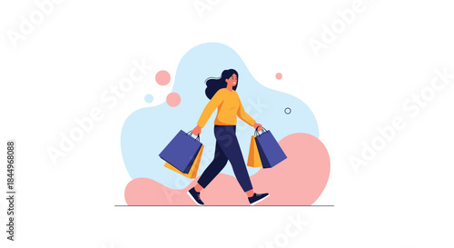 Stylish young woman walking with multiple shopping bags after a successful shopping day, representing consumerism and retail therapy.