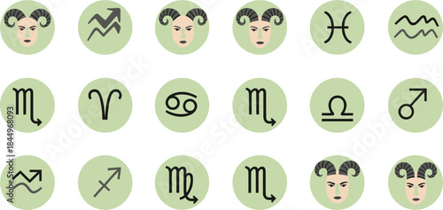 Zodiac astrology icons set with horoscope symbols and Aries faces in circular badges, modern minimal vector illustration