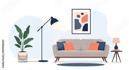 Modern and cozy living room interior with a comfortable sofa, a floor lamp, a houseplant, and abstract art on the wall.